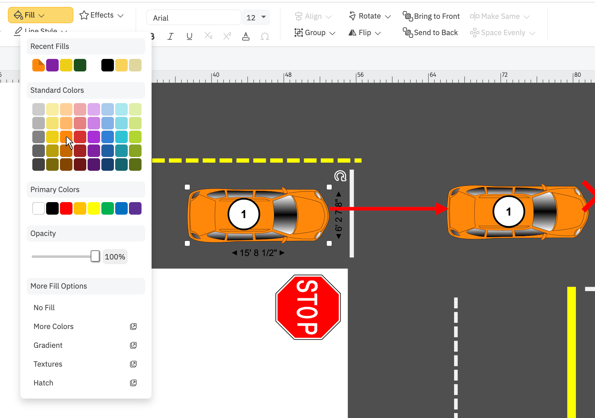 Colorized vehicle symbols on roadway