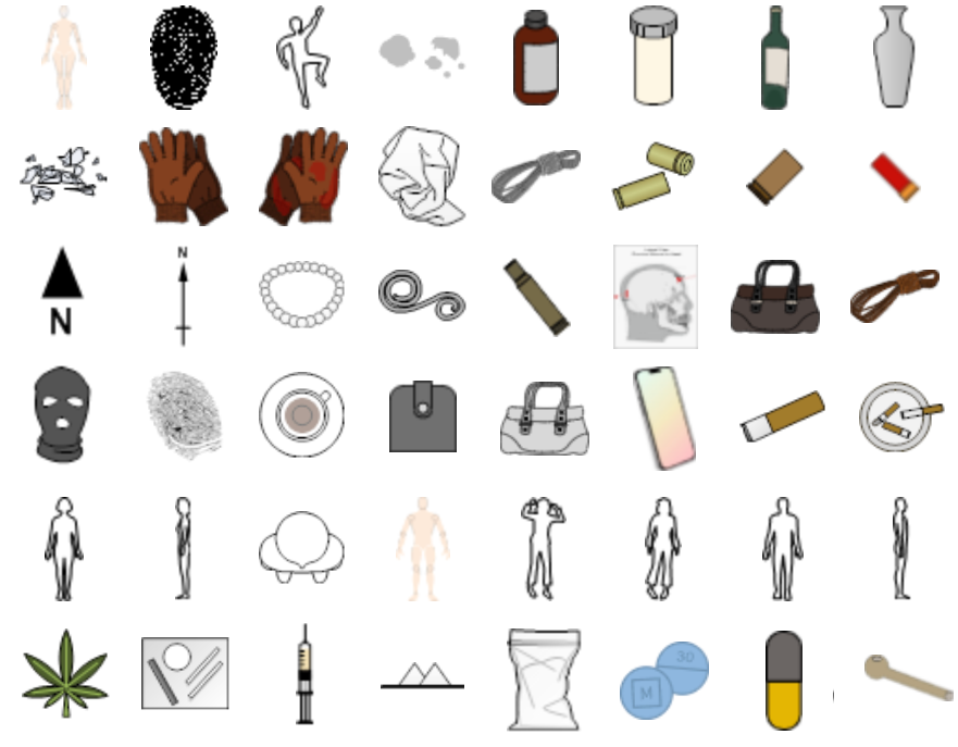Various crime scene item symbols