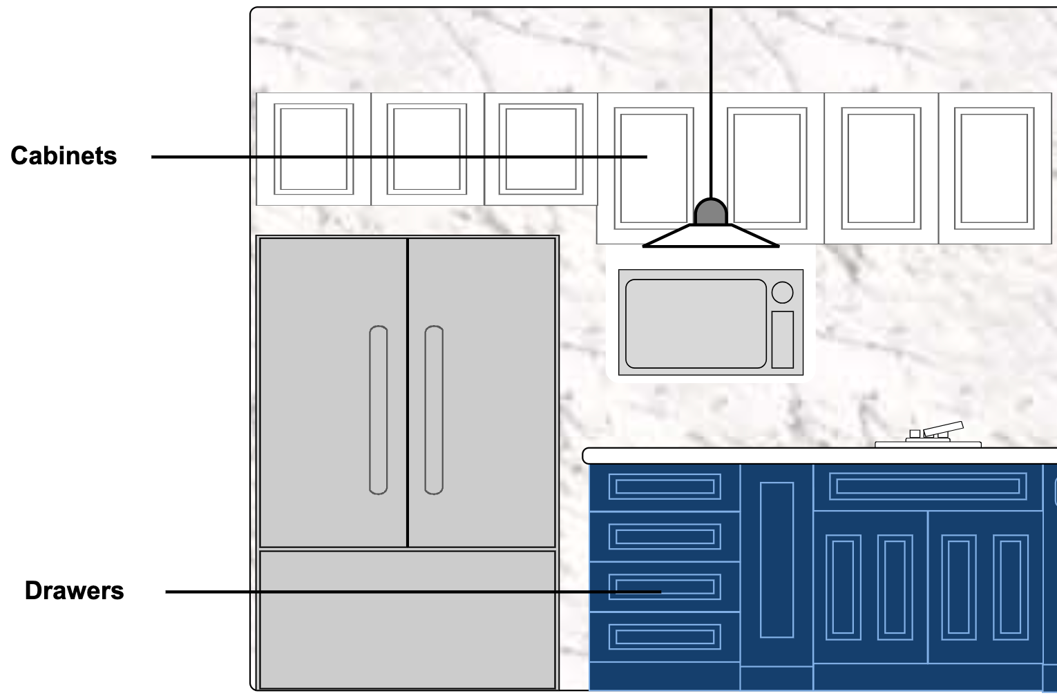 Elevation kitchen drawing pointing out cabinets and drawers
