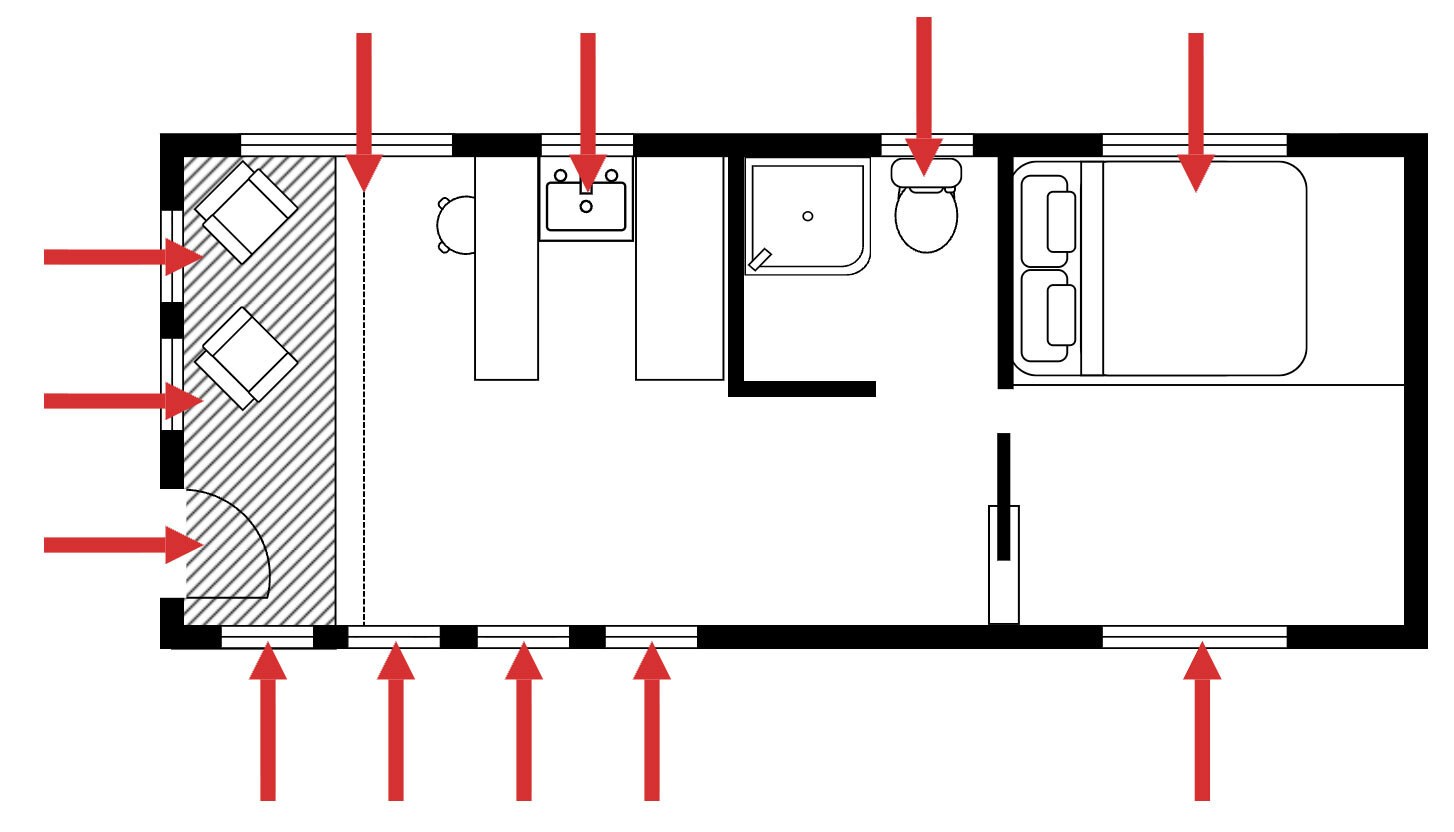 Tiny home floor plan showcasing natural lighting spots