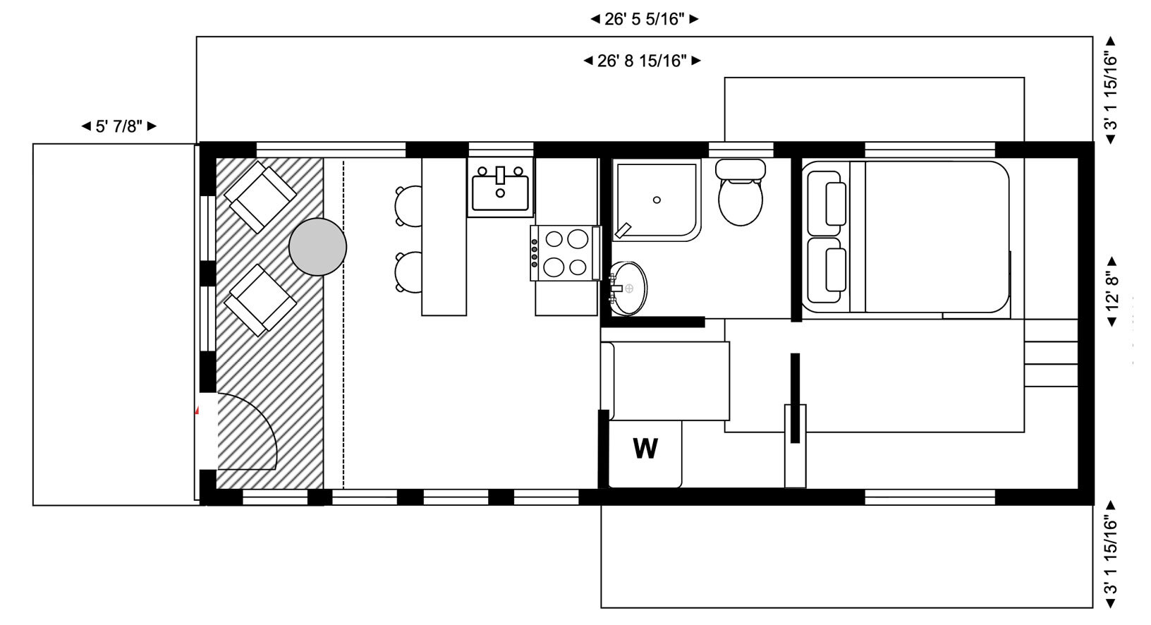 Tiny home floor plan with dimension labels